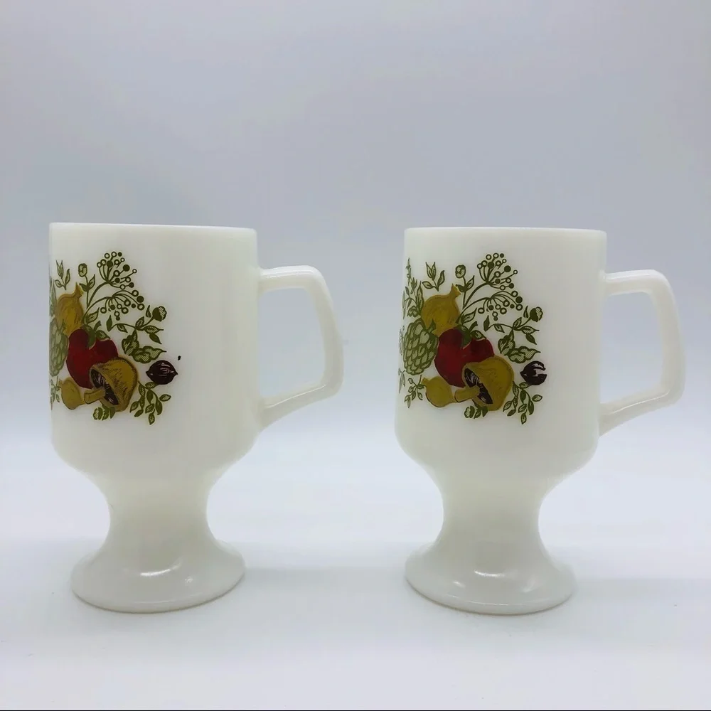 RETRO MUSHROOM PEDESTAL MILK GLASS COFFEE MUGS - SET OF 2